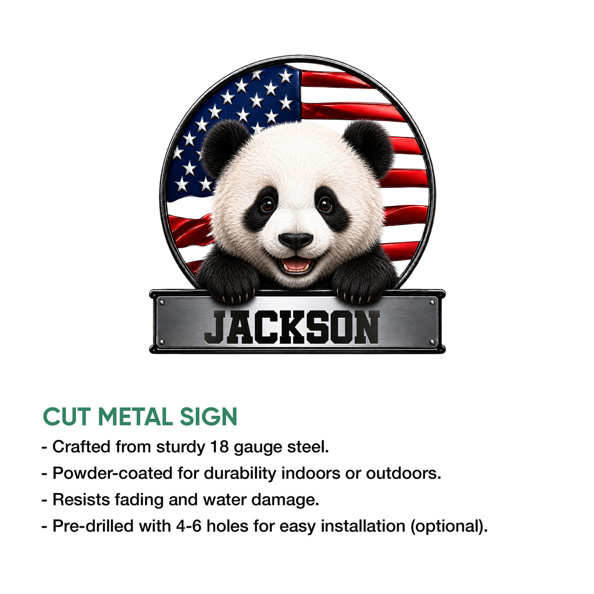 Panda metal sign product graphic showing the patriotic bear design and cut metal sign features