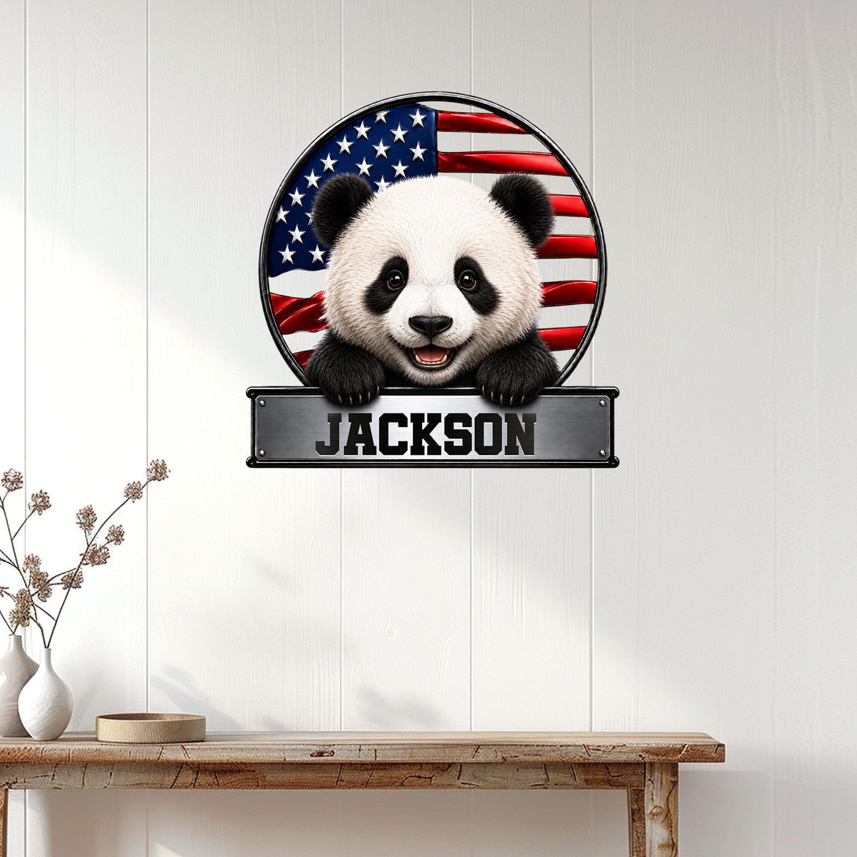 Patriotic panda metal sign displayed on a bright paneled wall above a console table