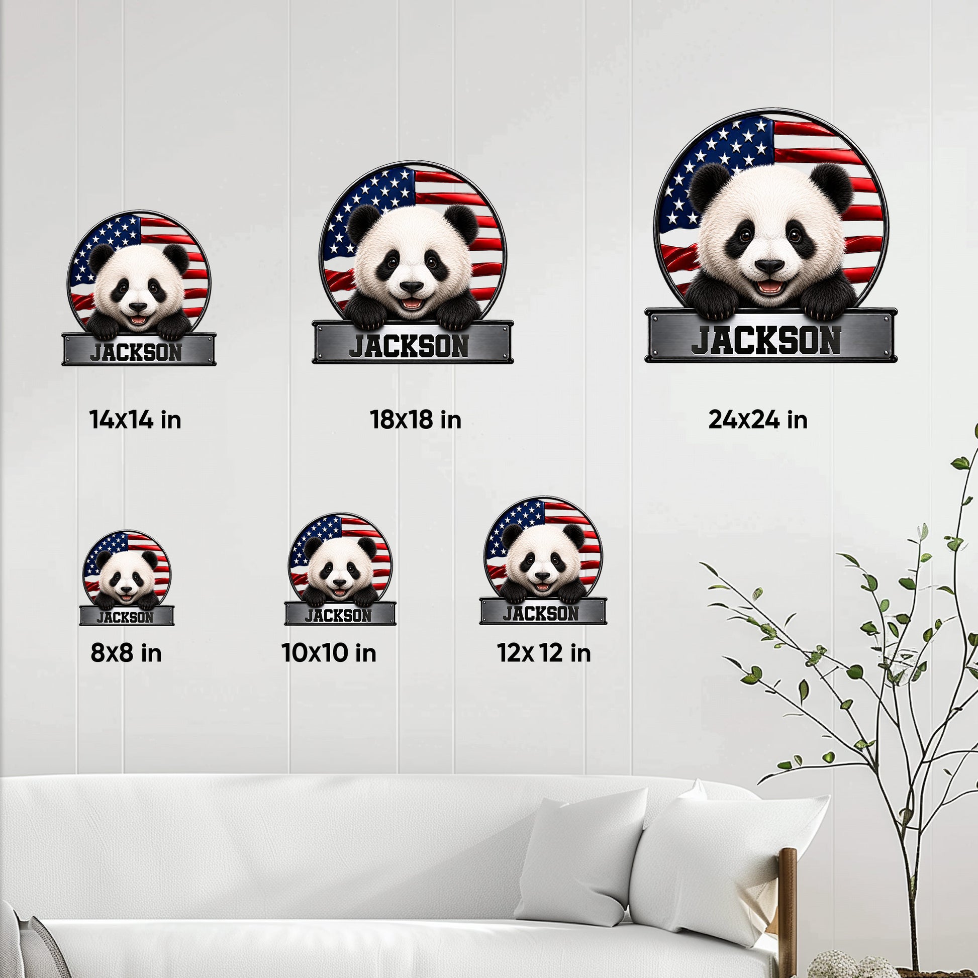 Panda metal sign size guide showing available dimensions from 8 by 8 to 24 by 24 inches