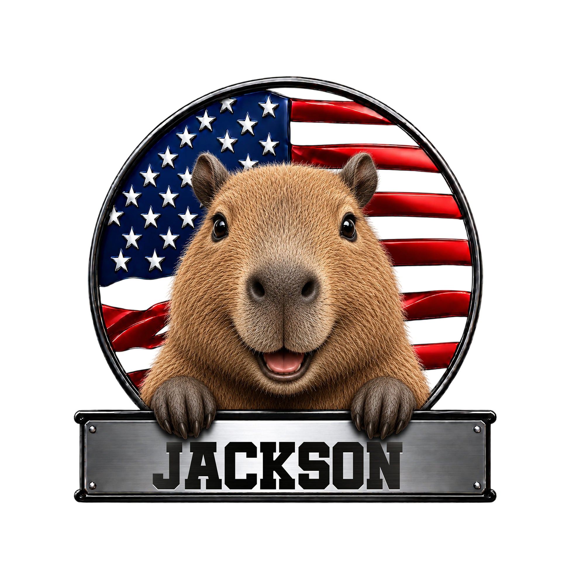 Custom capybara metal sign featuring a cheerful capybara in front of an American flag