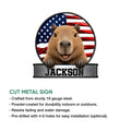 Capybara metal sign feature graphic showing the patriotic design and available sign sizes
