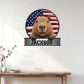 Patriotic capybara metal sign displayed on a bright paneled wall above a wood console