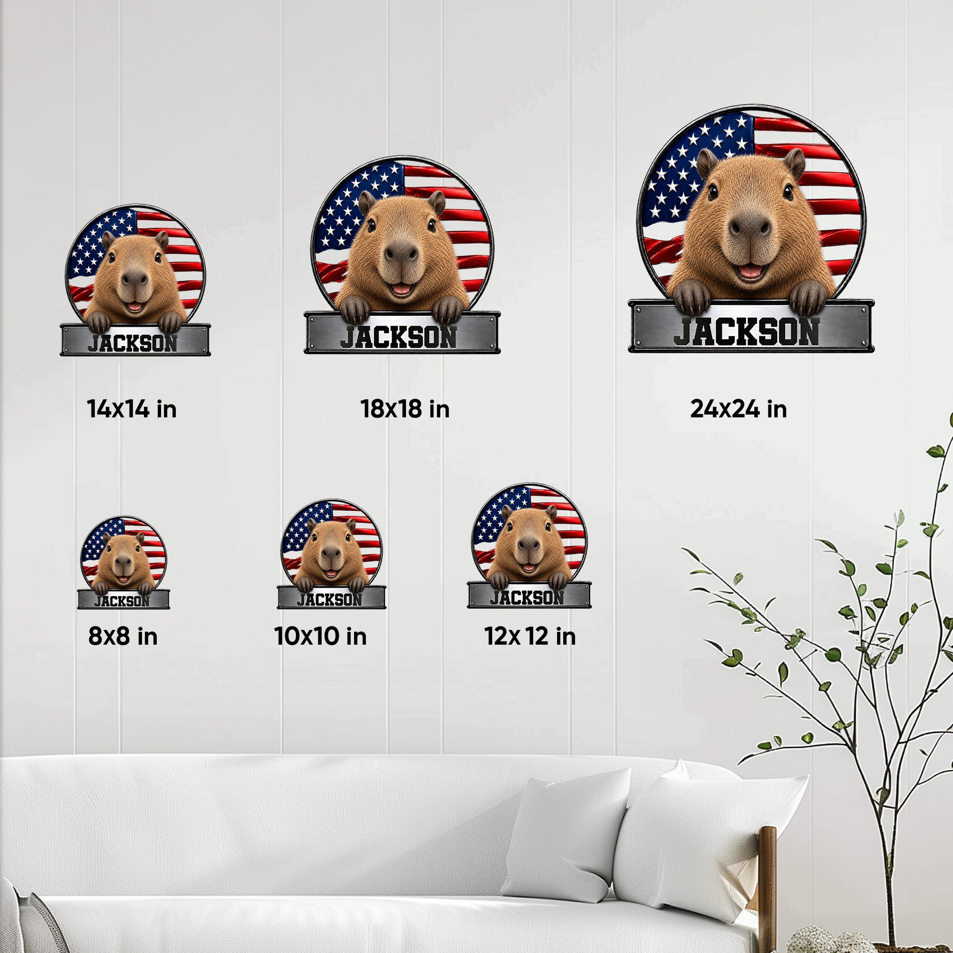 Capybara metal sign size guide displaying six square size options in a home decor setting
