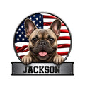 Custom French Bulldog metal sign featuring a cheerful dog portrait over an American flag backdrop