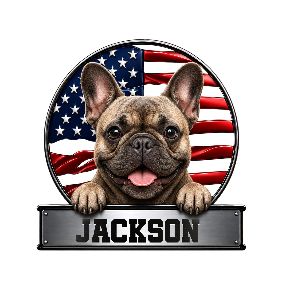 Custom French Bulldog metal sign featuring a cheerful dog portrait over an American flag backdrop