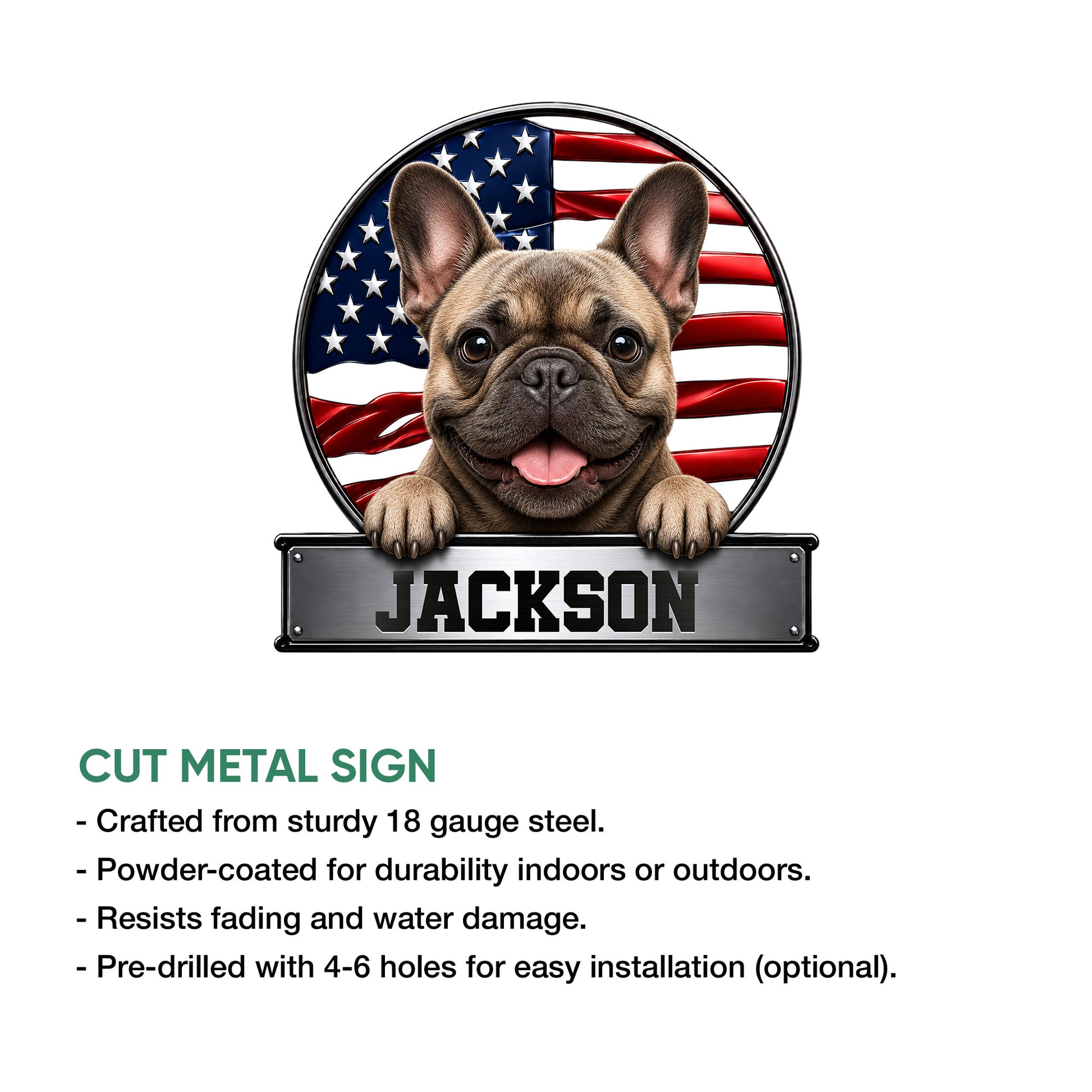 French Bulldog metal sign shown with patriotic flag artwork in a product feature presentation