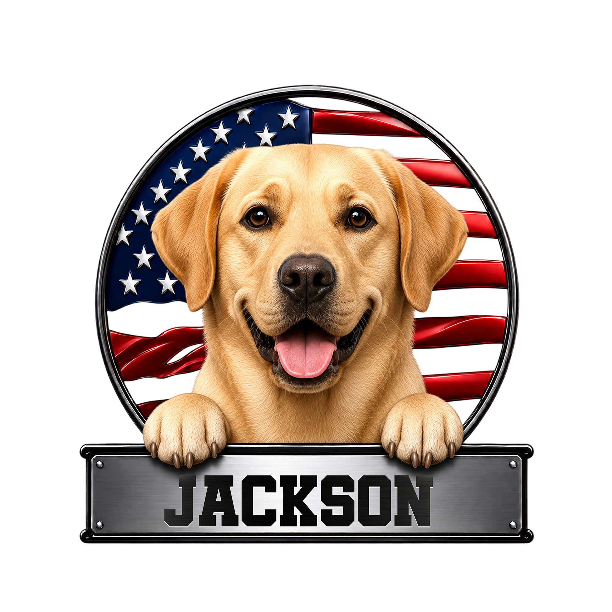 Labrador Retriever metal sign featuring a happy dog portrait against an American flag backdrop