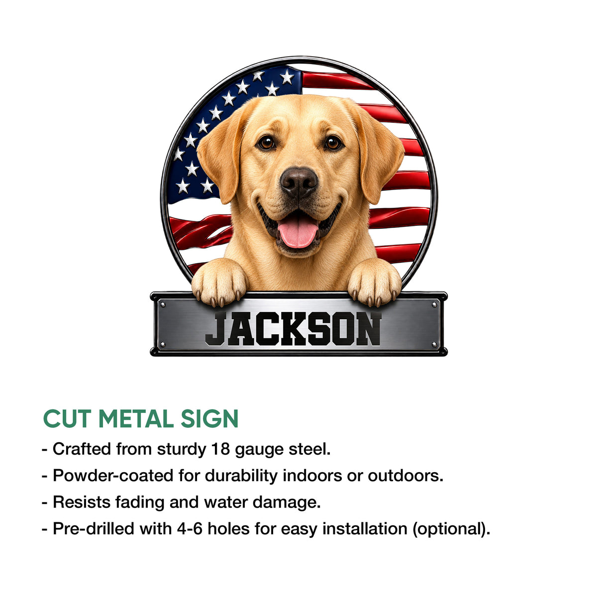 Patriotic Labrador Retriever metal sign shown with a cut-metal design and bold dog portrait