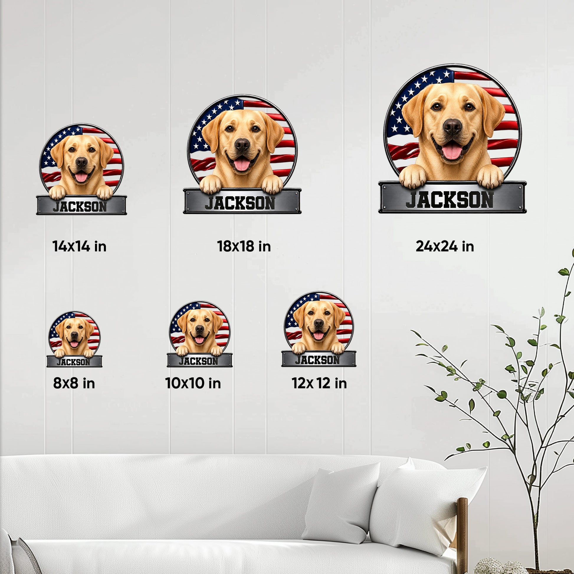 Labrador Retriever metal sign size guide showing multiple square size options in a living room setting