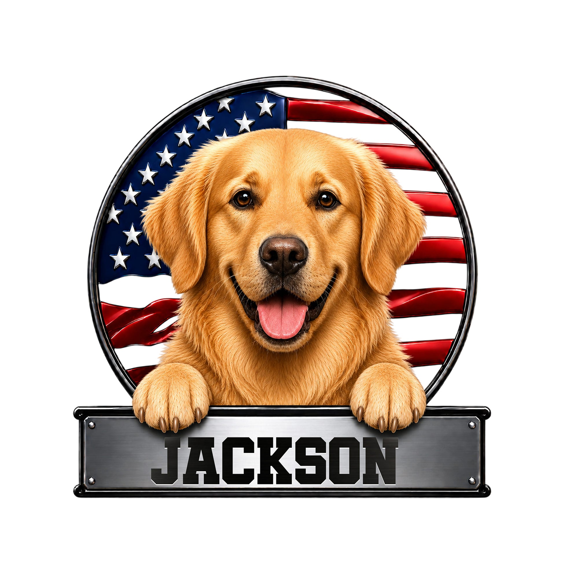 Golden Retriever metal sign featuring a happy dog portrait framed by a patriotic American flag design