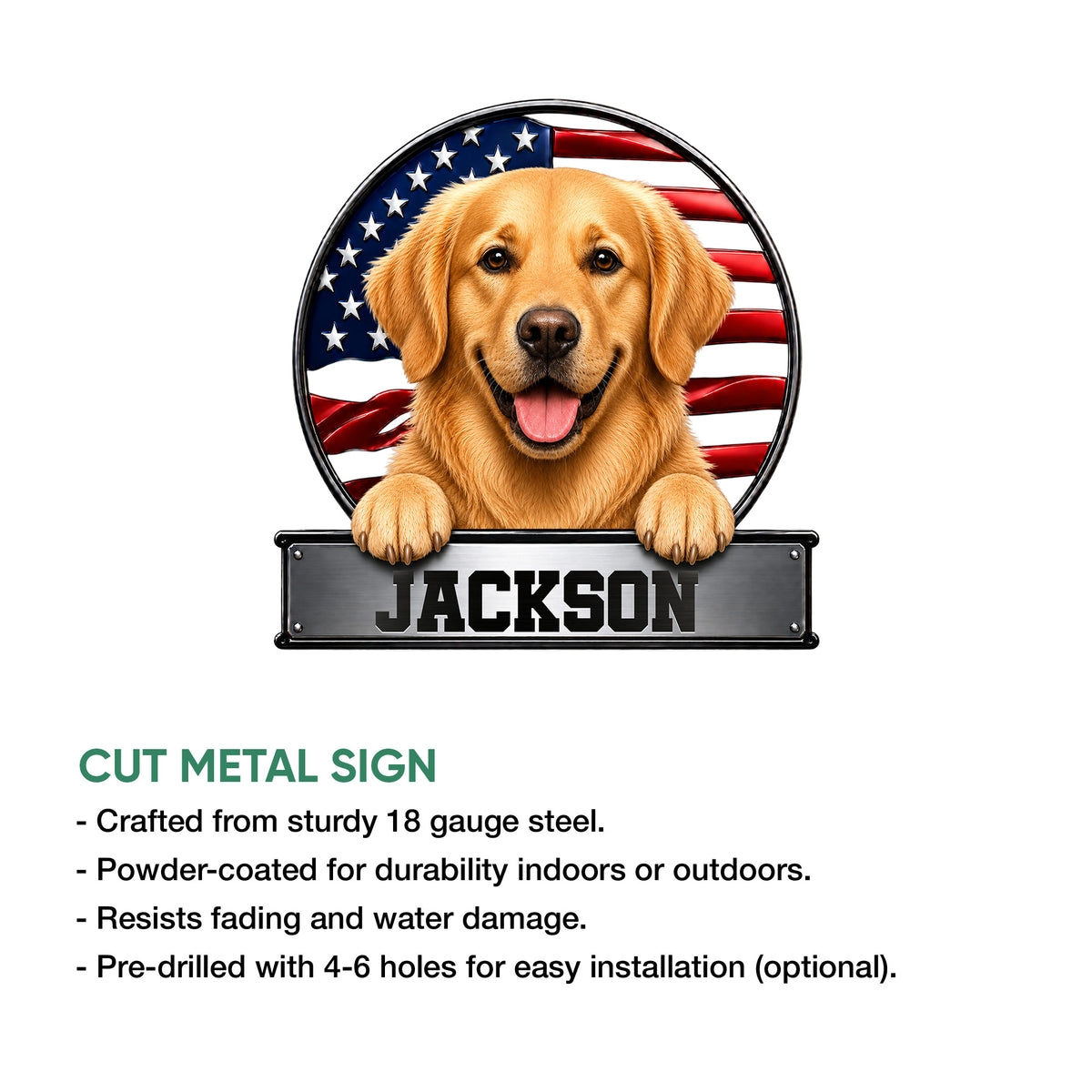 Patriotic Golden Retriever metal sign shown in a clean product view with a bold circular flag backdrop