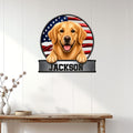 Golden Retriever wall decor displayed on a light paneled wall above a console table in a bright home