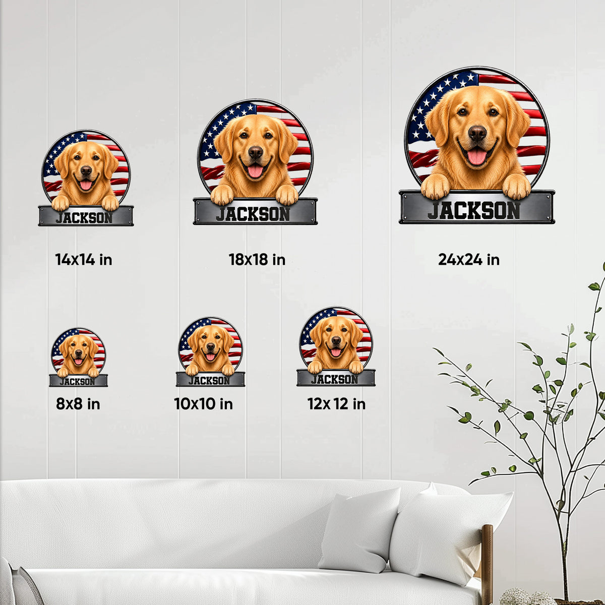 Golden Retriever metal sign size guide showing six available square dimensions from 8 by 8 to 24 by 24 inches
