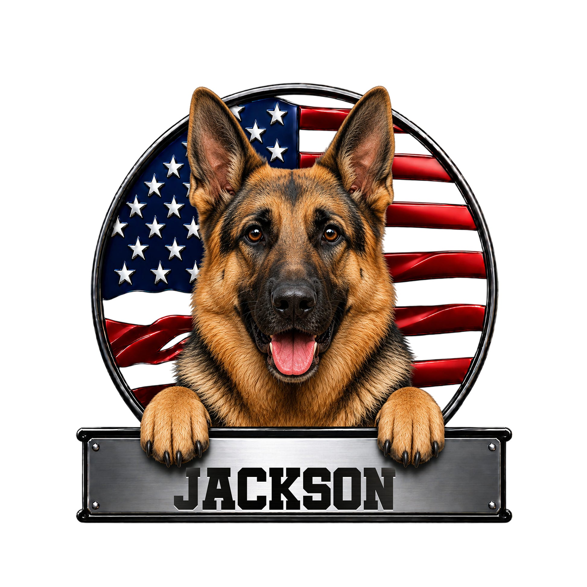 Custom German Shepherd metal sign featuring a realistic dog portrait against an American flag