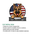 German Shepherd metal sign product infographic showing the patriotic dog design and sign features