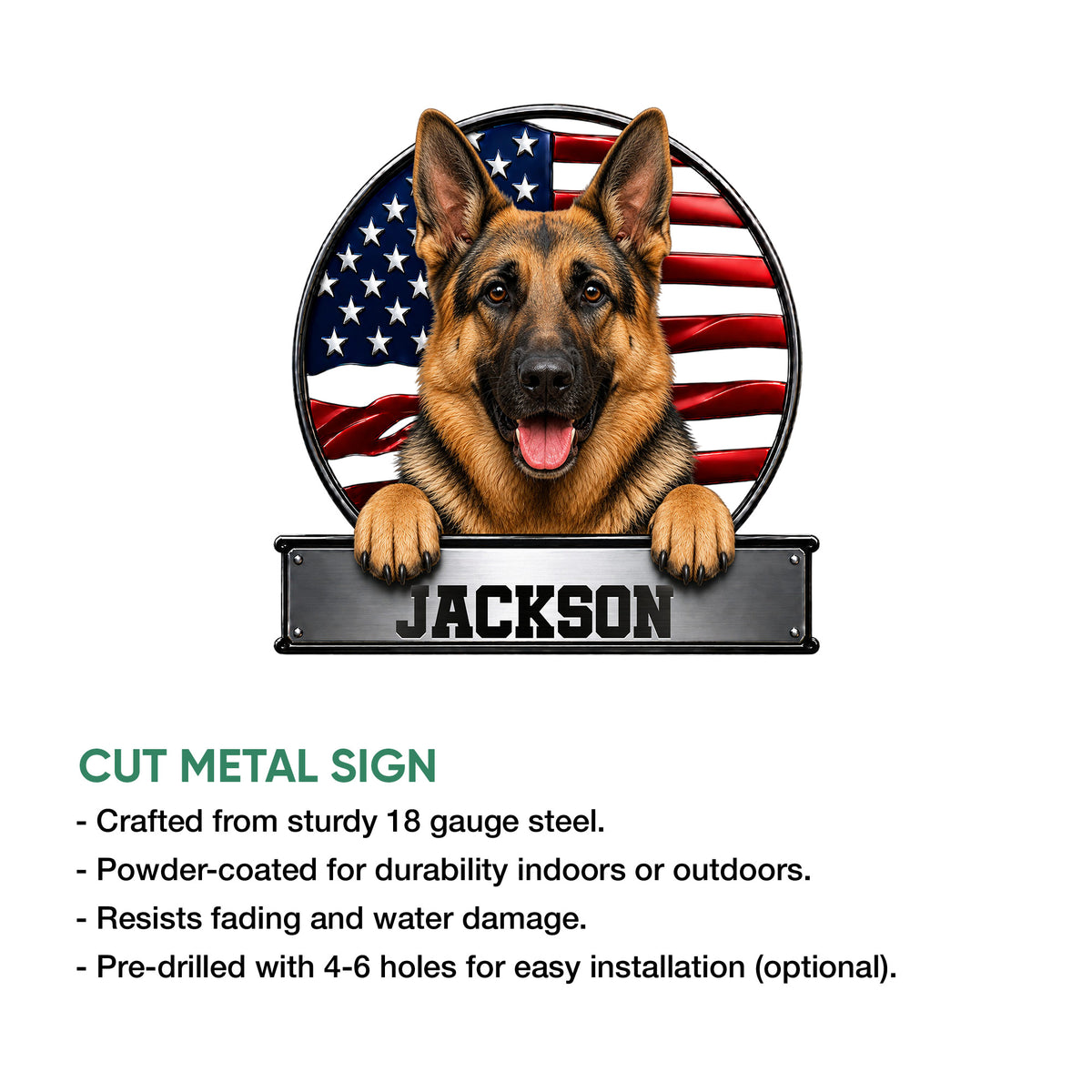 German Shepherd metal sign product infographic showing the patriotic dog design and sign features