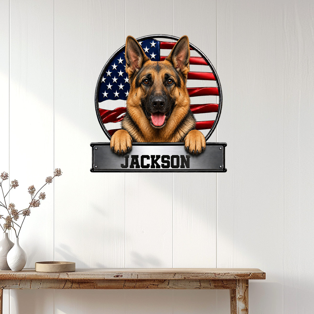 Patriotic German Shepherd wall sign displayed on a bright paneled wall in a home entryway