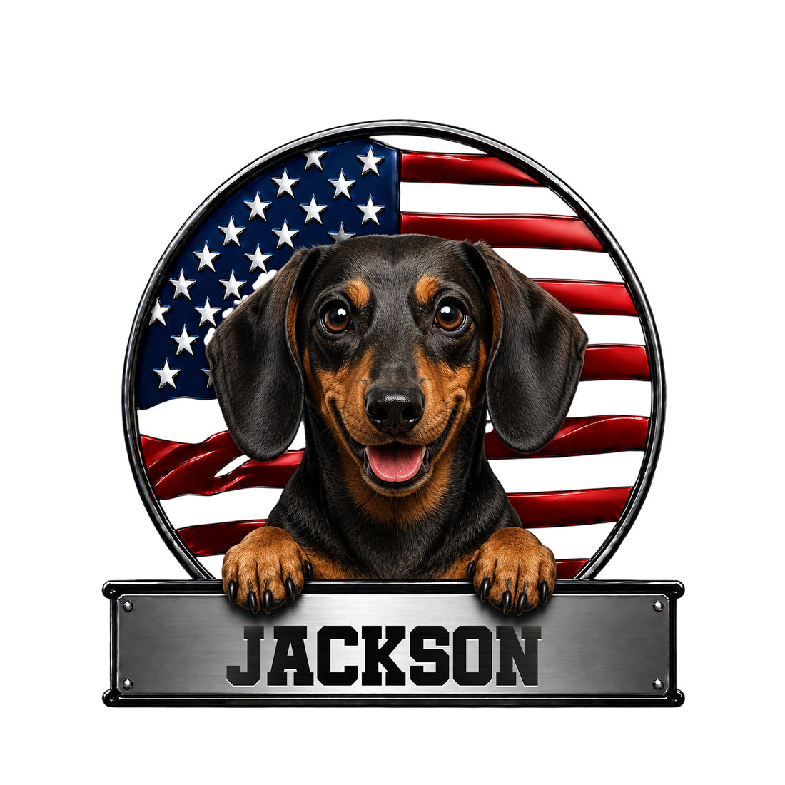 Dachshund metal sign featuring a happy black and tan dog against a patriotic American flag backdrop
