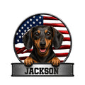 Dachshund metal sign featuring a happy black and tan dog against a patriotic American flag backdrop