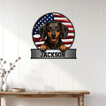 Dachshund patriotic wall decor displayed on a light wood-paneled wall above a console table