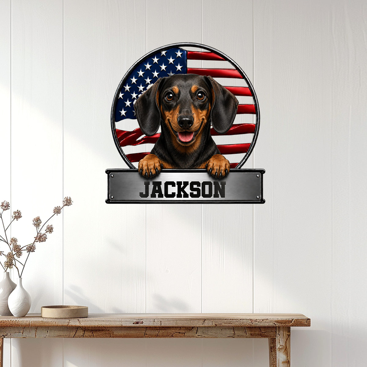 Dachshund patriotic wall decor displayed on a light wood-paneled wall above a console table