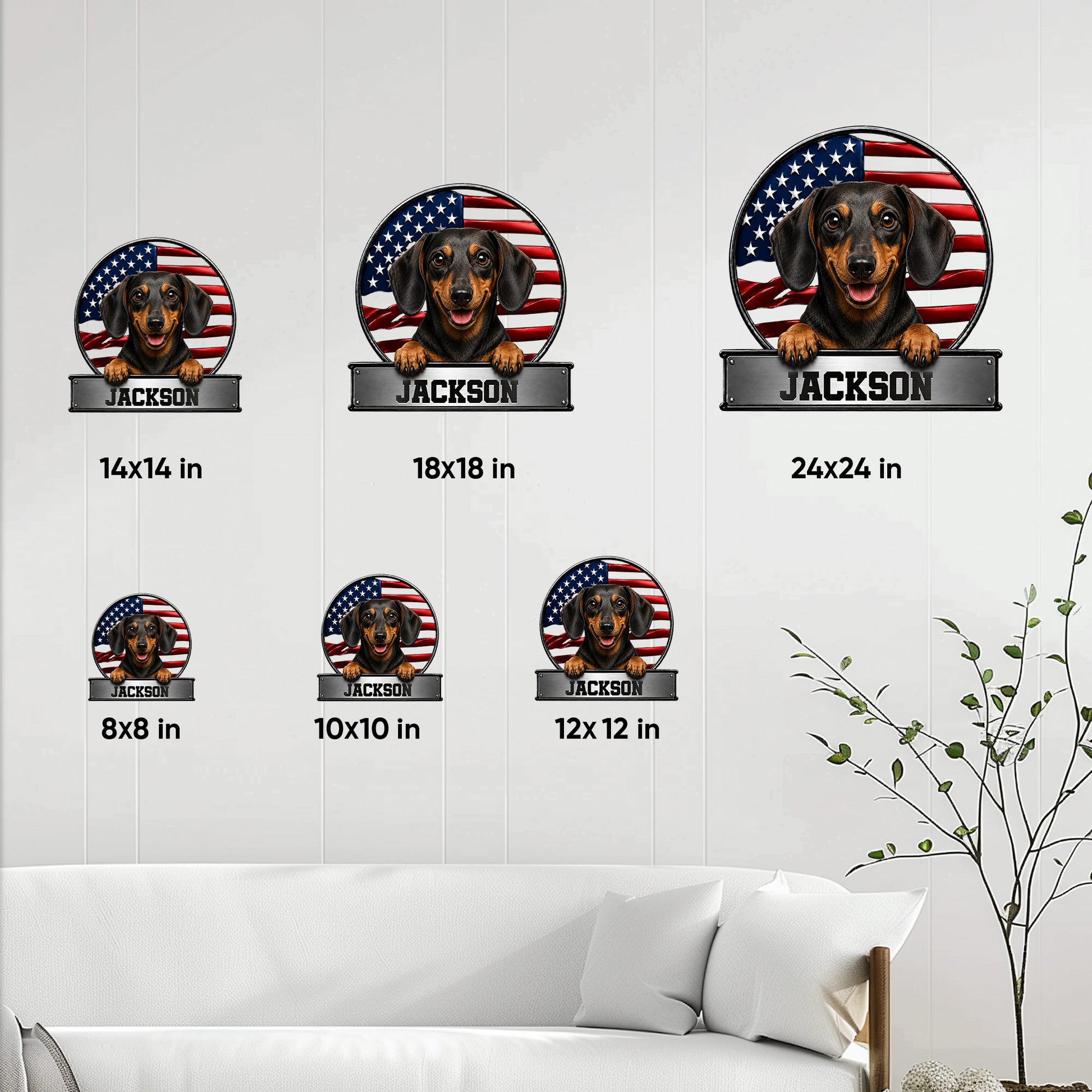 Dachshund metal sign shown in multiple size options on a bright living room wall