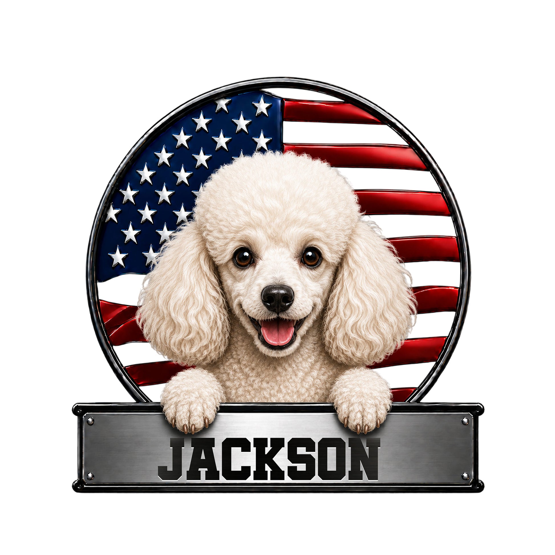 Custom poodle metal sign featuring a cheerful curly-haired dog in front of an American flag