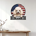 Patriotic poodle metal sign displayed on a white paneled wall above a wood console table