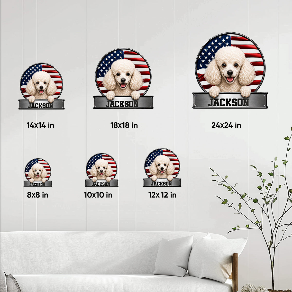 Poodle metal sign size guide showing available square sizes from 8 by 8 to 24 by 24 inches