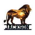 Majestic lion metal sign featuring a glowing African savanna sunset scene within the lion silhouette
