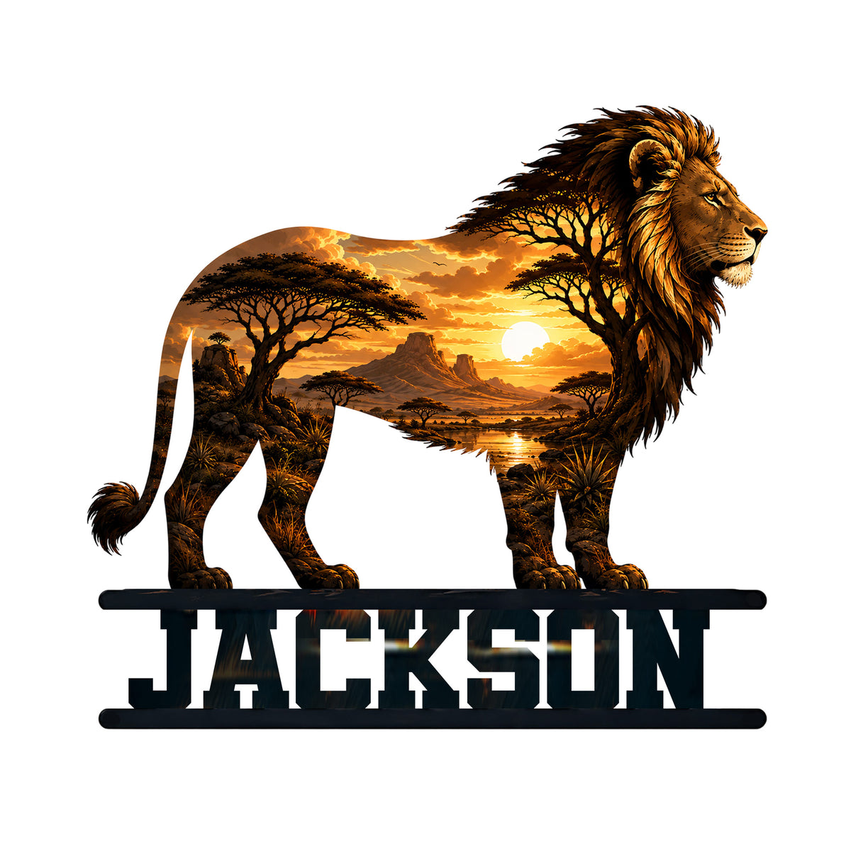 Majestic lion metal sign featuring a glowing African savanna sunset scene within the lion silhouette
