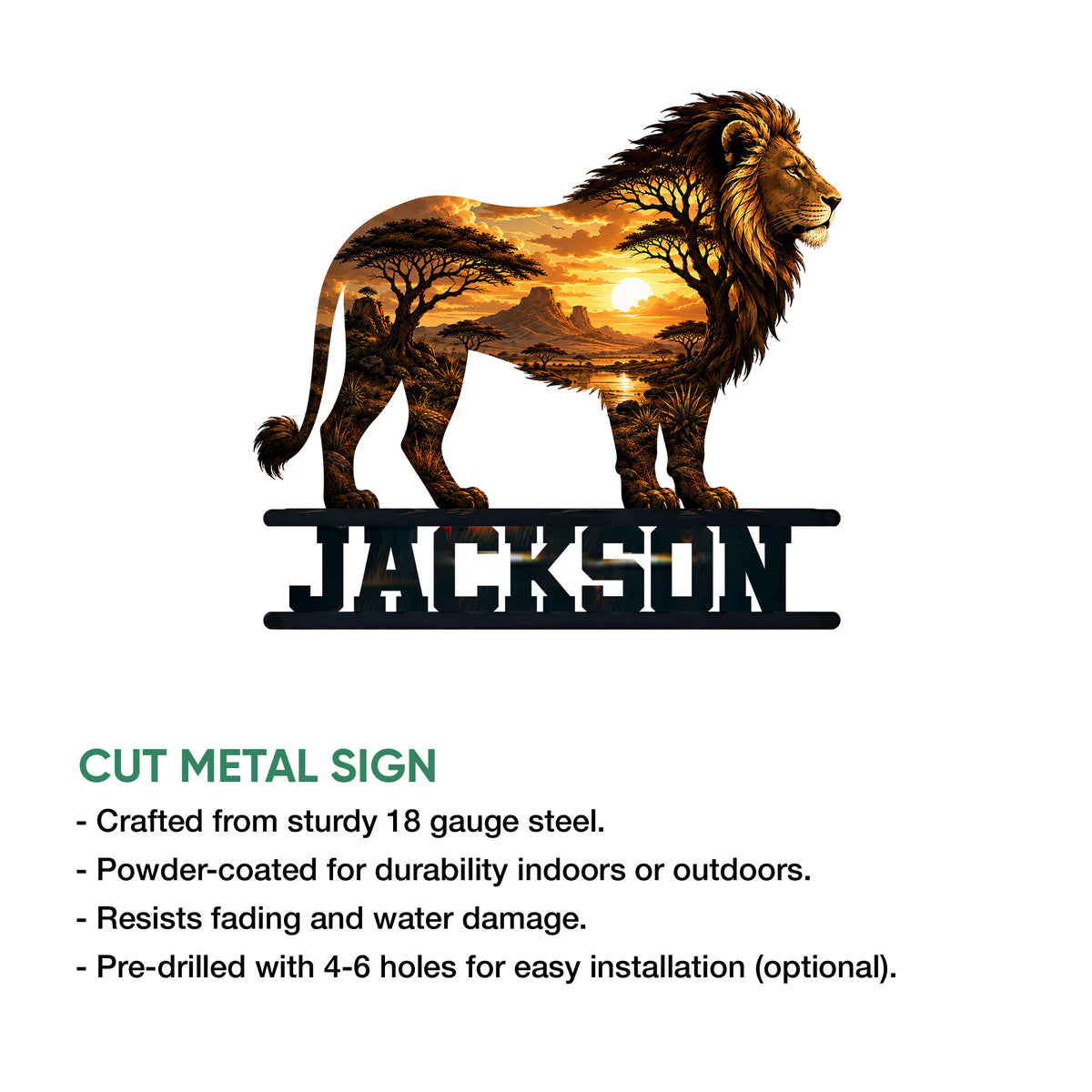 Lion metal sign product guide showing the savanna artwork and available size options