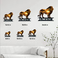 Lion metal wall sign shown in multiple sizes above a modern living room sofa