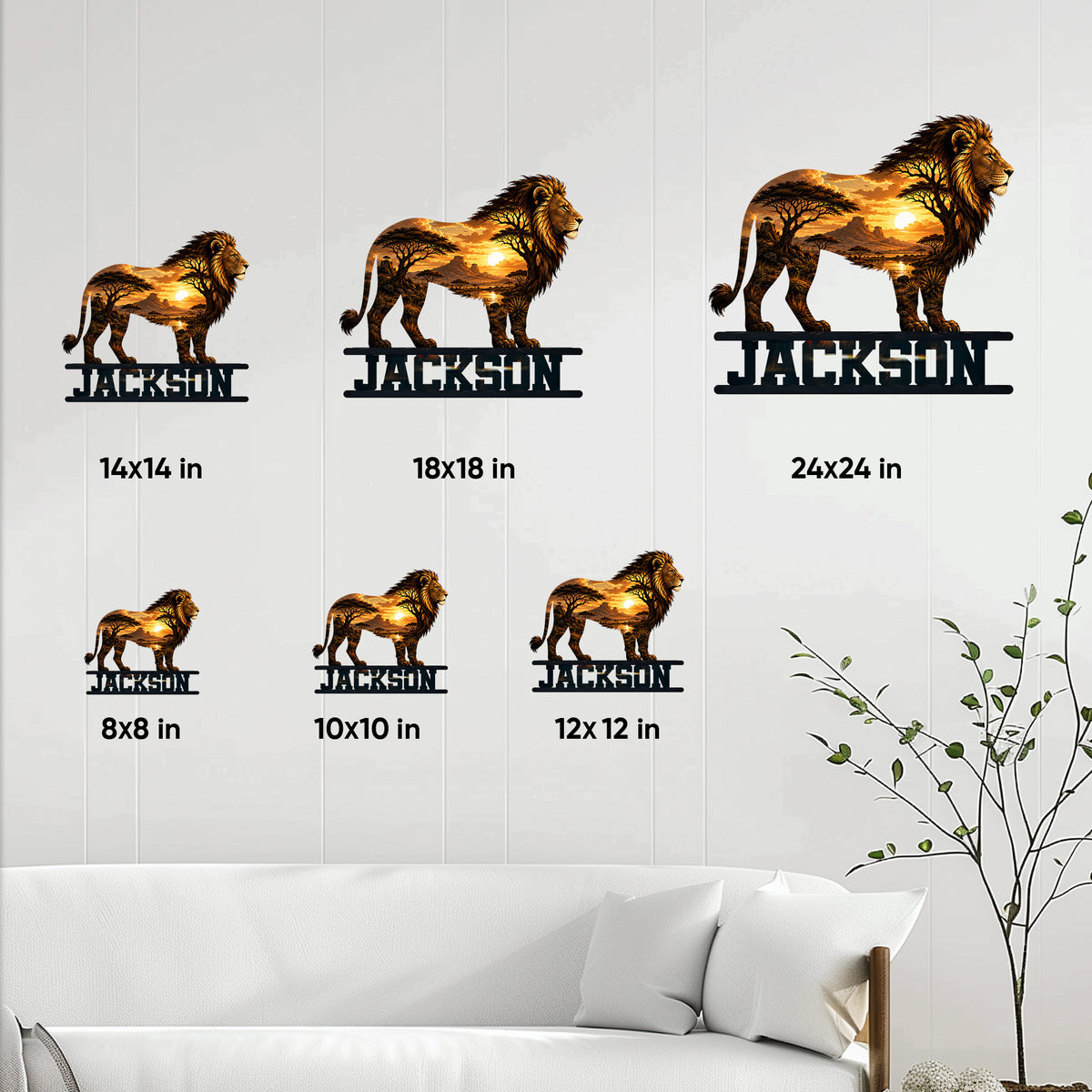 Lion metal wall sign shown in multiple sizes above a modern living room sofa