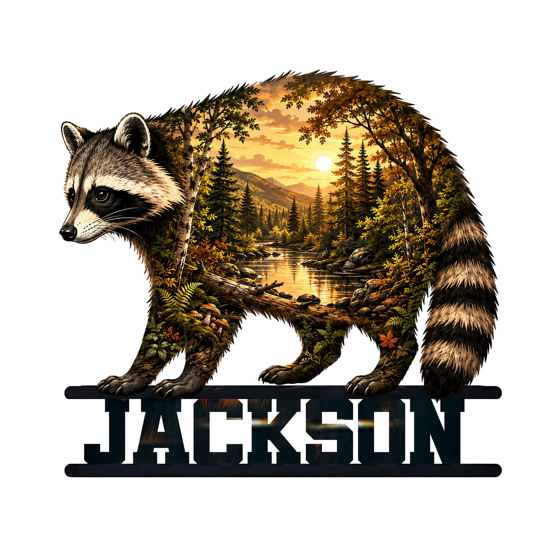 Custom raccoon metal sign featuring a woodland landscape with pine trees, mountains, and a glowing river