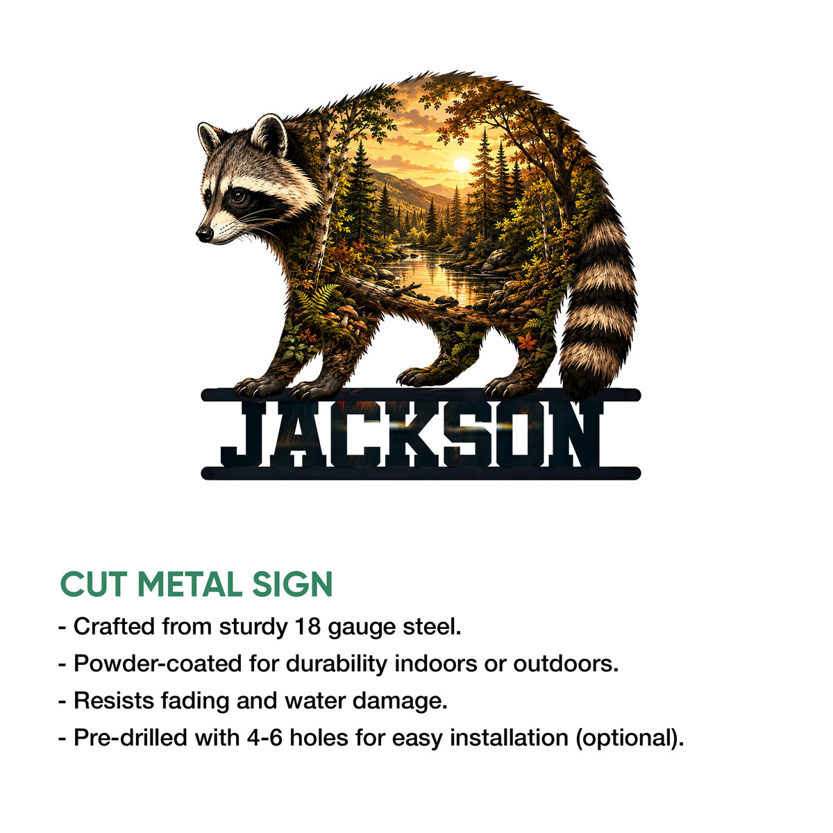 Raccoon cut metal sign shown with a product feature guide for indoor or outdoor display