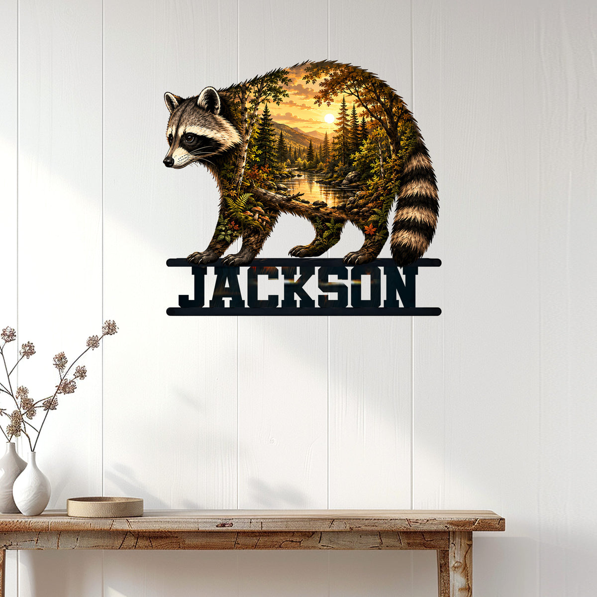 Raccoon metal wall sign displayed on a white paneled wall above a rustic console table