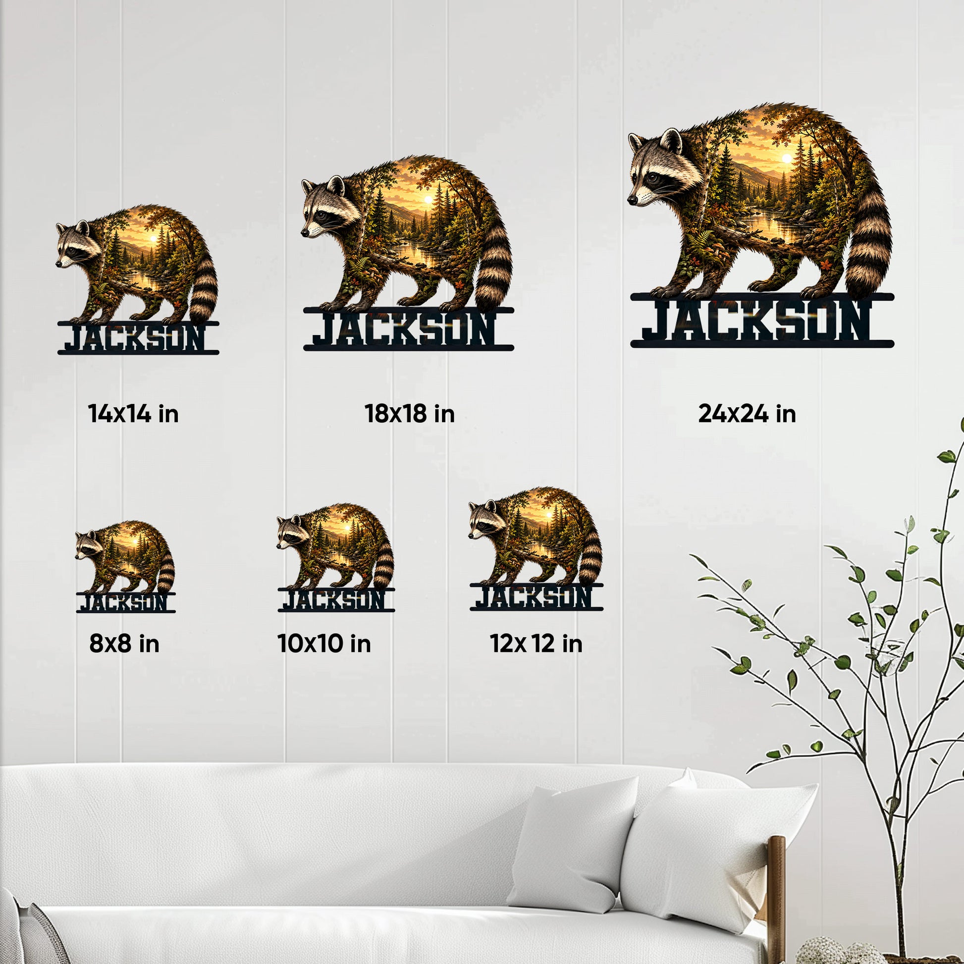 Raccoon metal sign shown in multiple size options on a bright living room wall