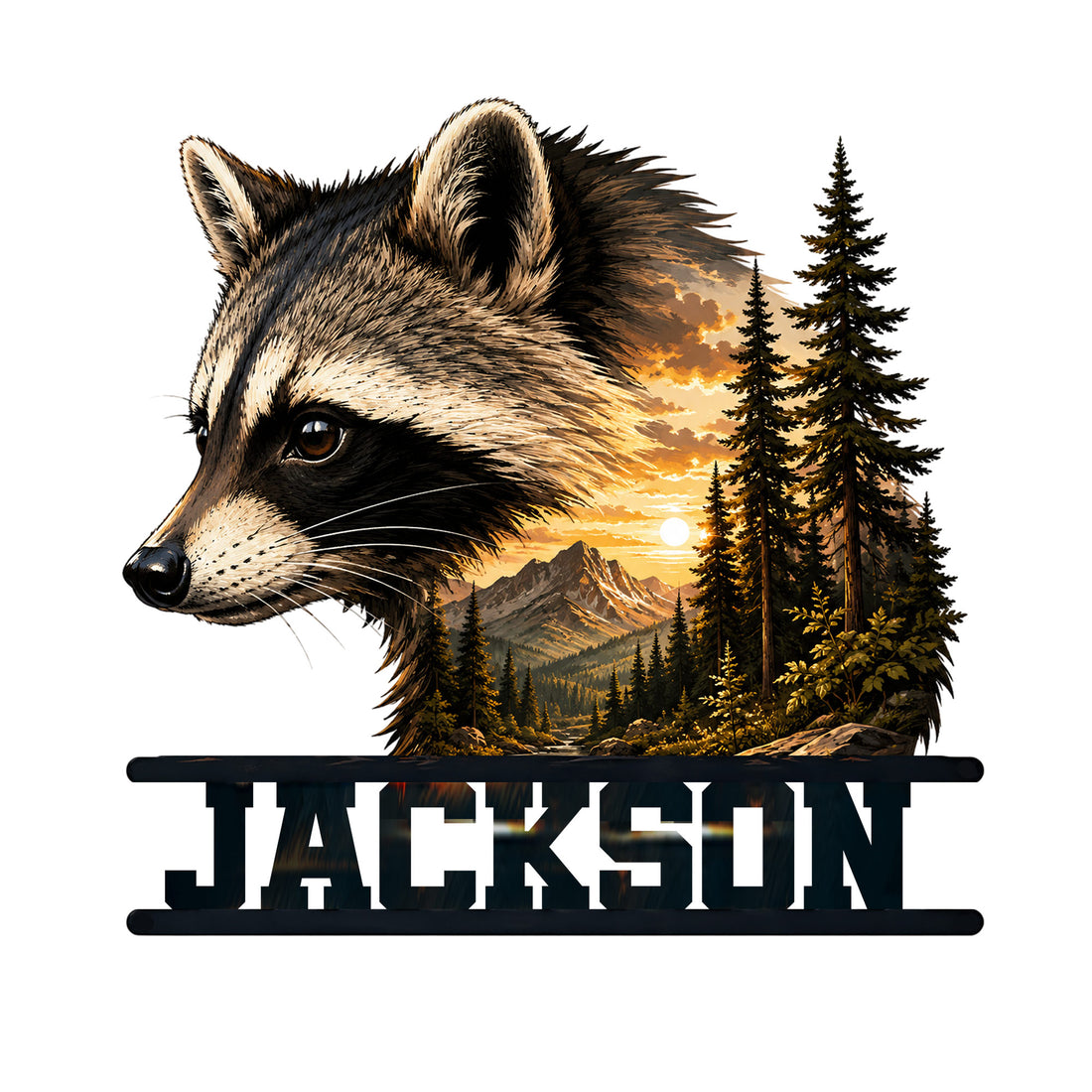 Custom raccoon metal sign featuring a detailed wildlife portrait, evergreen forest, mountains, and sunset scenery