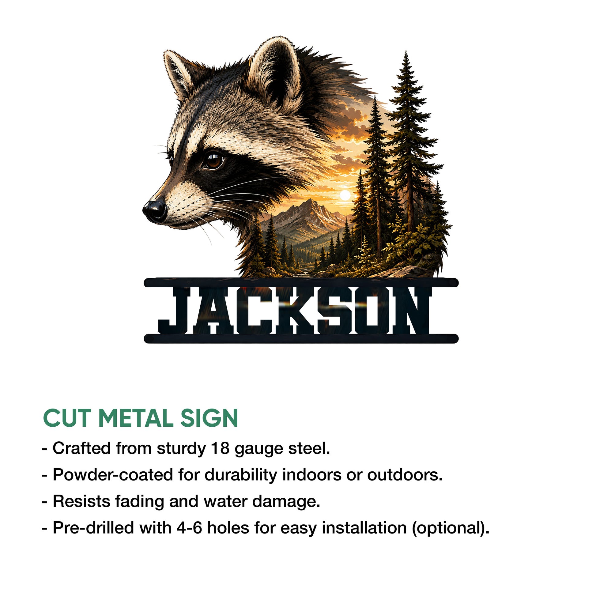 Raccoon metal wall sign shown with a forest landscape design and product feature information
