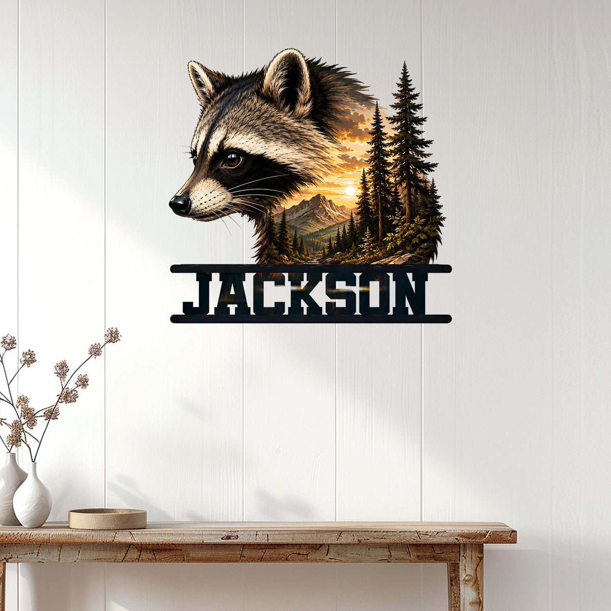 Raccoon wildlife metal sign displayed as rustic woodland wall decor above a console table