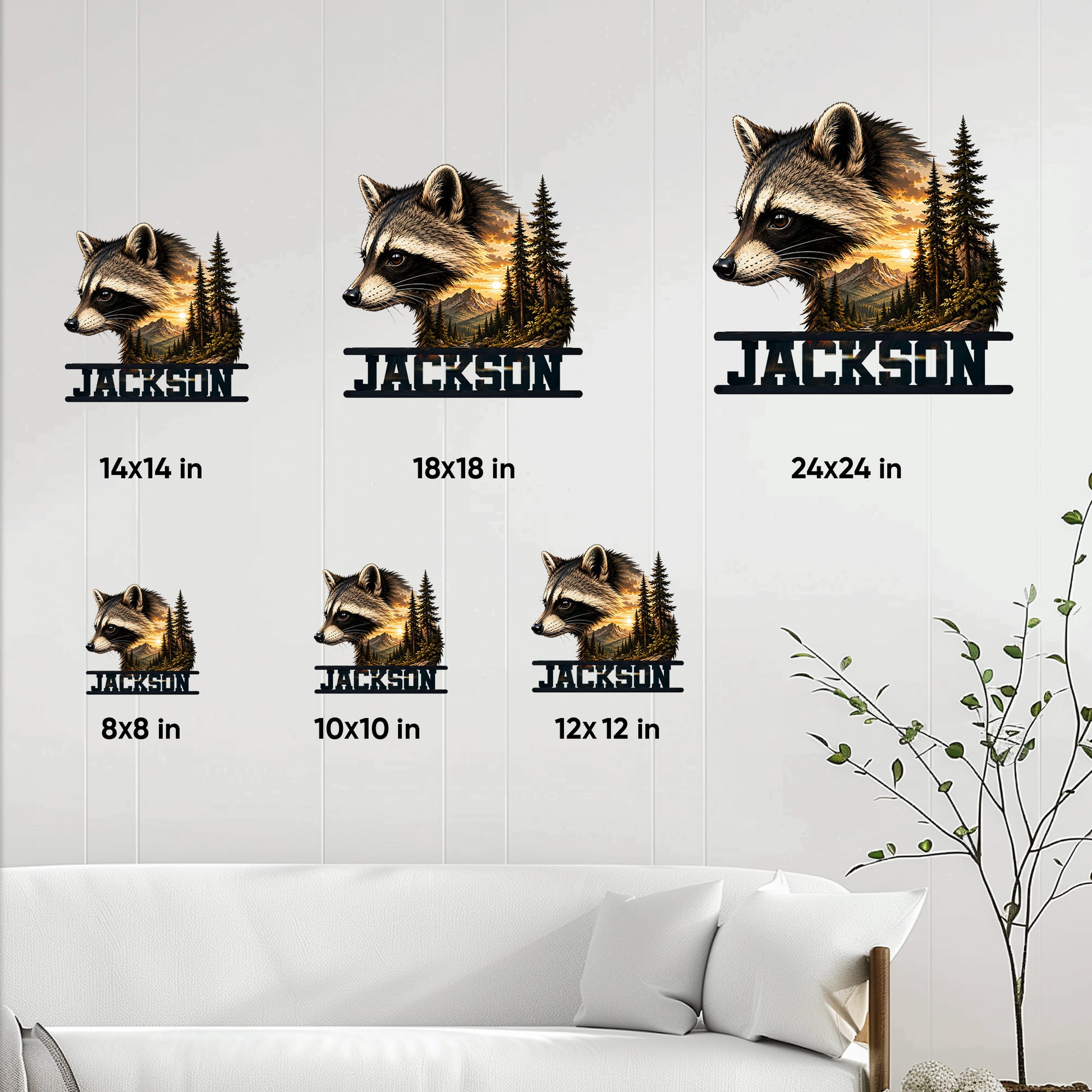 Raccoon metal sign size guide showing available square dimensions from 8 by 8 to 24 by 24 inches