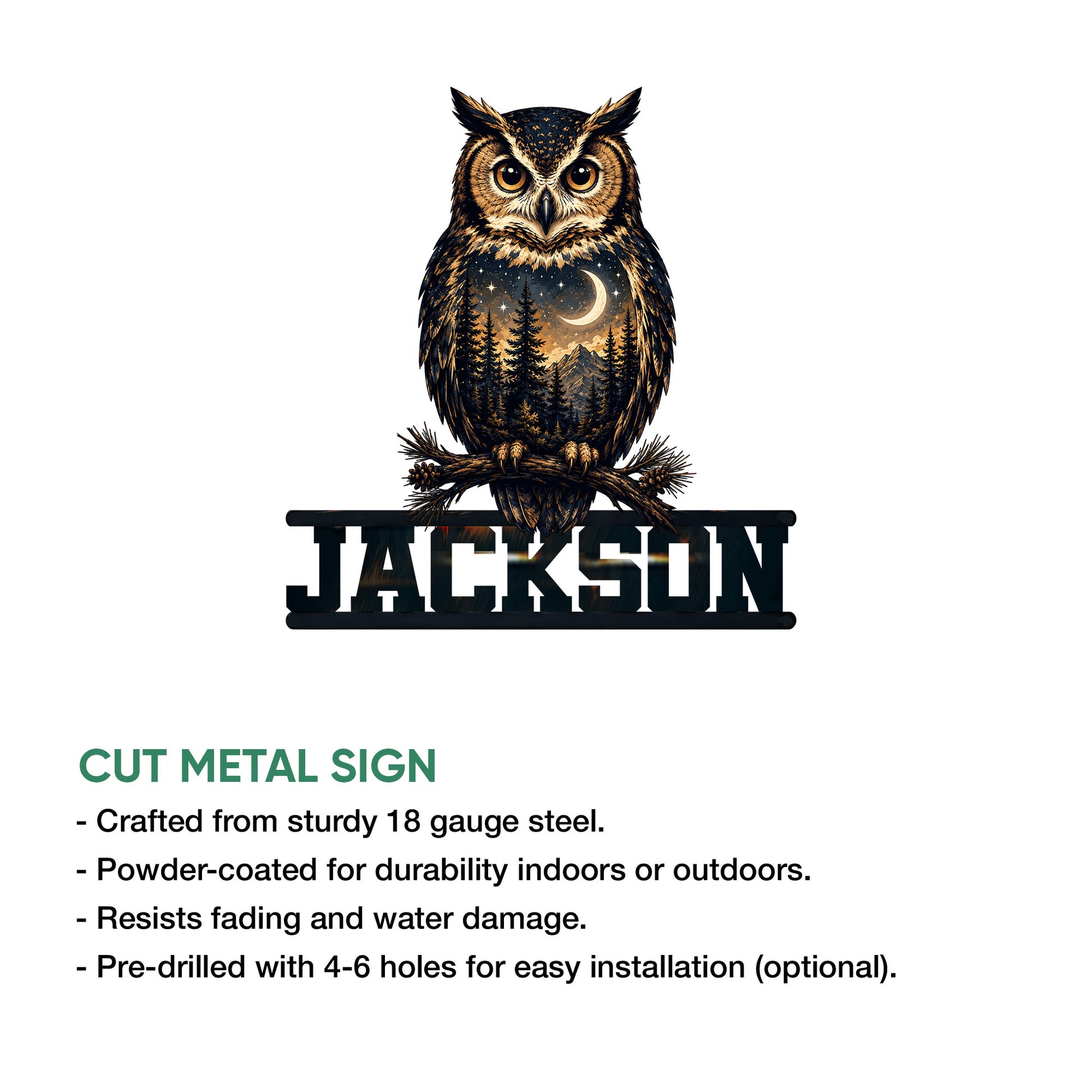 Owl metal sign product feature graphic showing a perched owl above a bold display design