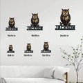 Owl metal sign size guide showing multiple square size options in a home decor setting