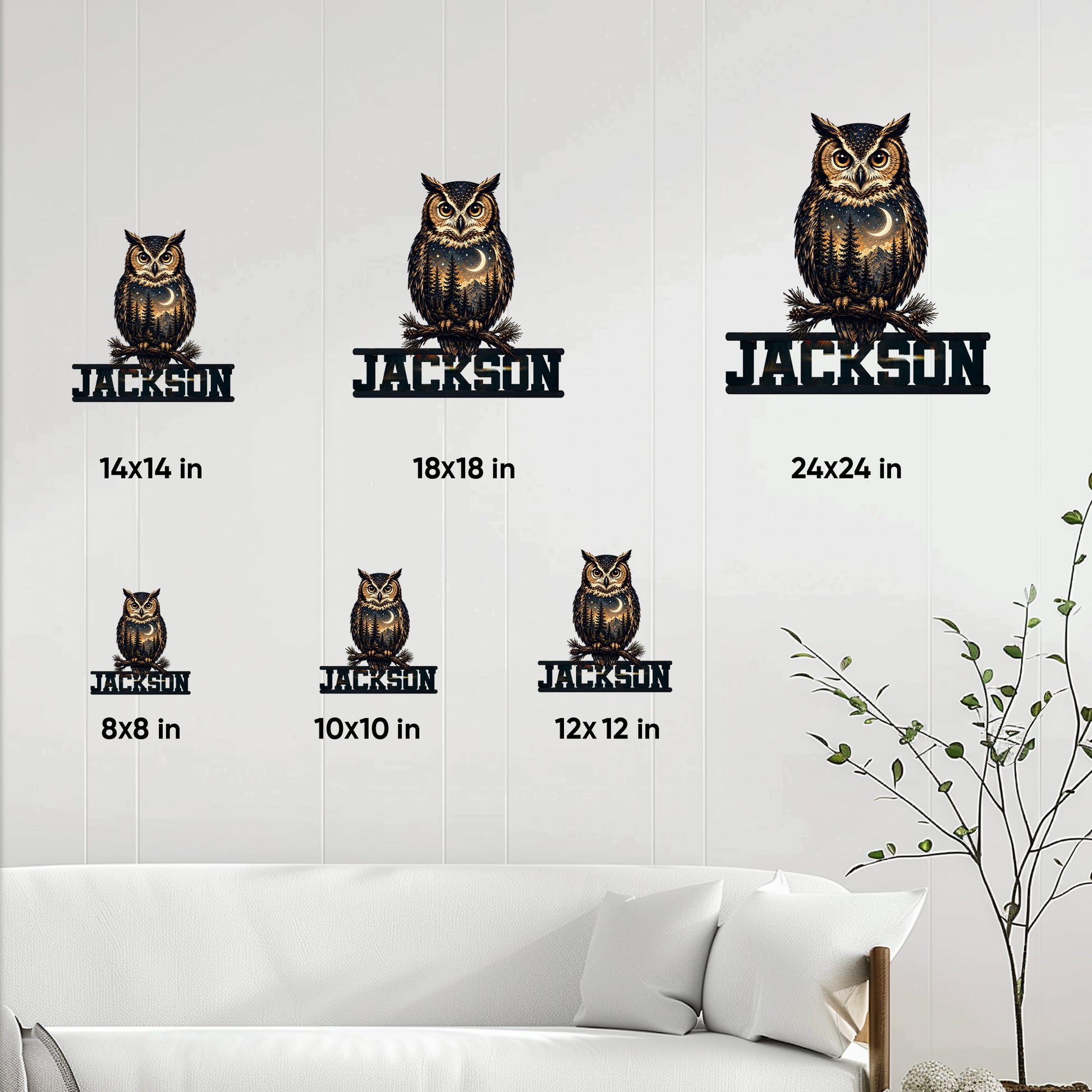 Owl metal sign size guide showing multiple square size options in a home decor setting