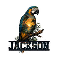 Colorful macaw parrot metal sign with tropical sunset artwork and a bold custom design