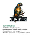 Macaw parrot metal sign shown with tropical artwork alongside a cut metal sign features guide