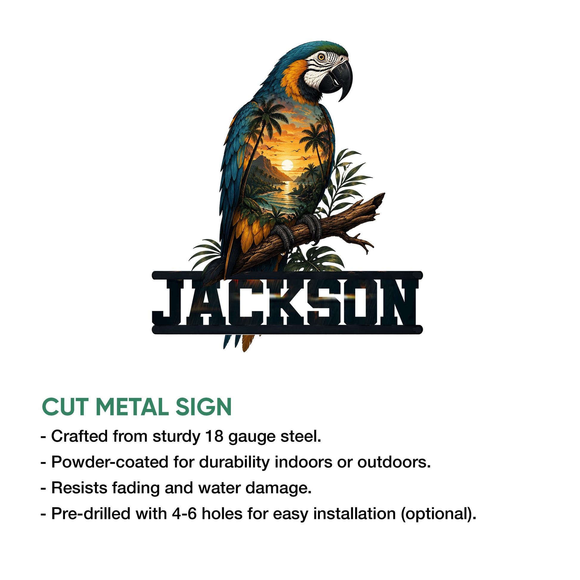 Macaw parrot metal sign shown with tropical artwork alongside a cut metal sign features guide