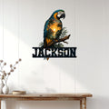 Tropical macaw wall sign displayed on a bright paneled wall above a rustic console table