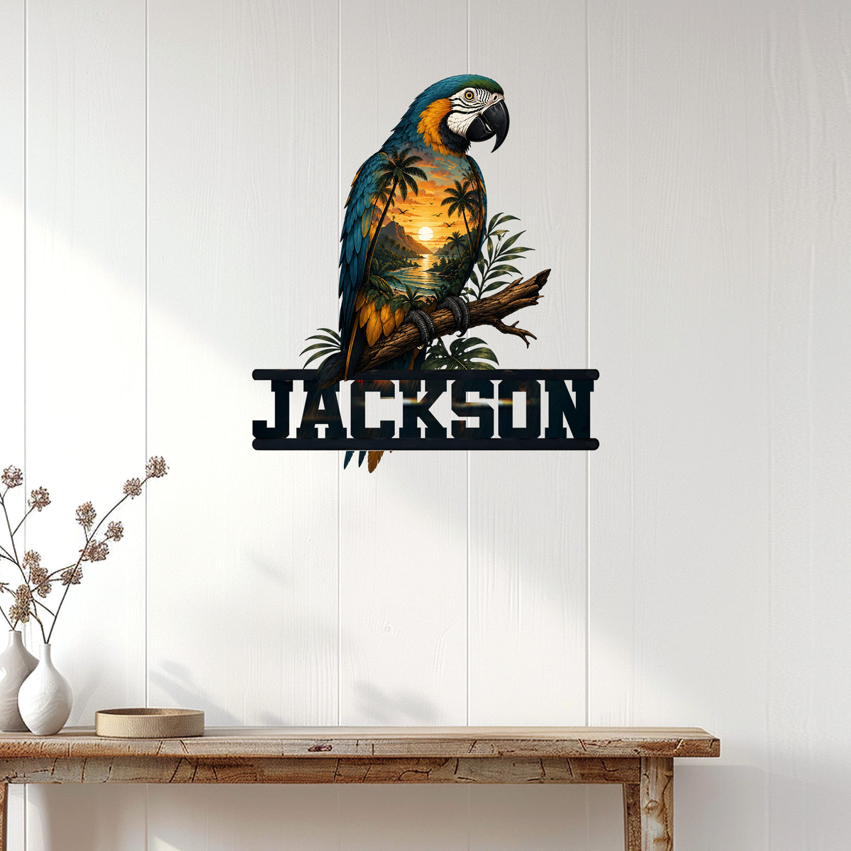 Tropical macaw wall sign displayed on a bright paneled wall above a rustic console table